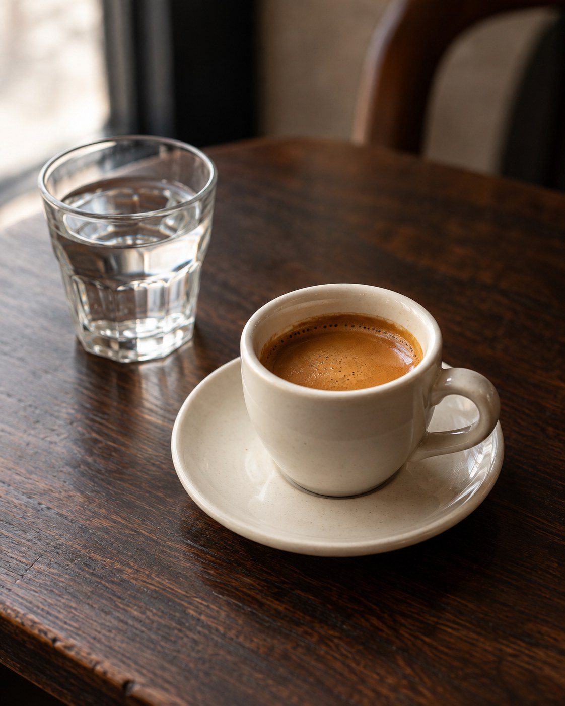 Ενδεικτική εικόνα: φλιτζάνι espresso και ποτήρι νερό σε ξύλινο τραπέζι